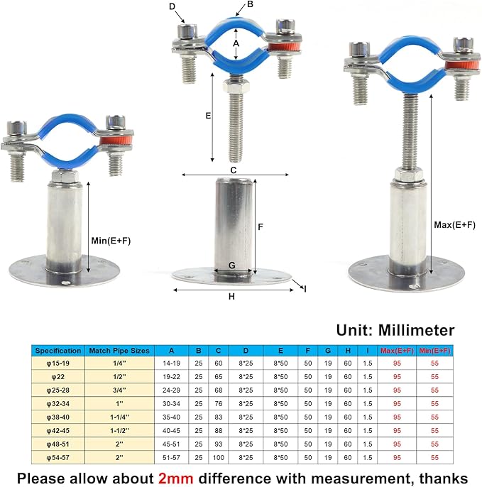 Kodilin 4PCS 304 Stainless Steel Wall Mount Ceiling Mount Pipe Supports,Suitable for OD Pipe 1-1/4"(38-40mm),Adjustable Height 50-100mm,Adjustable Pipe Strap Clamp with Screws