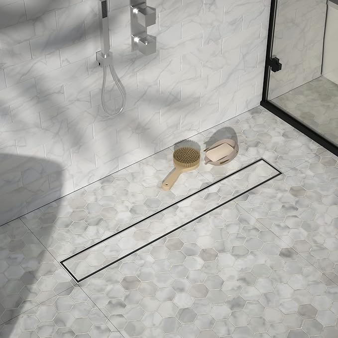 Linear Shower Drain 24", Brushed Floor Drain with Tiled Insert Grate & Hair Strainer, 304 Stainless Steel Bathroom 2-in-1 Tiled in Drain, CUPC Certified (Brushed, 24'')