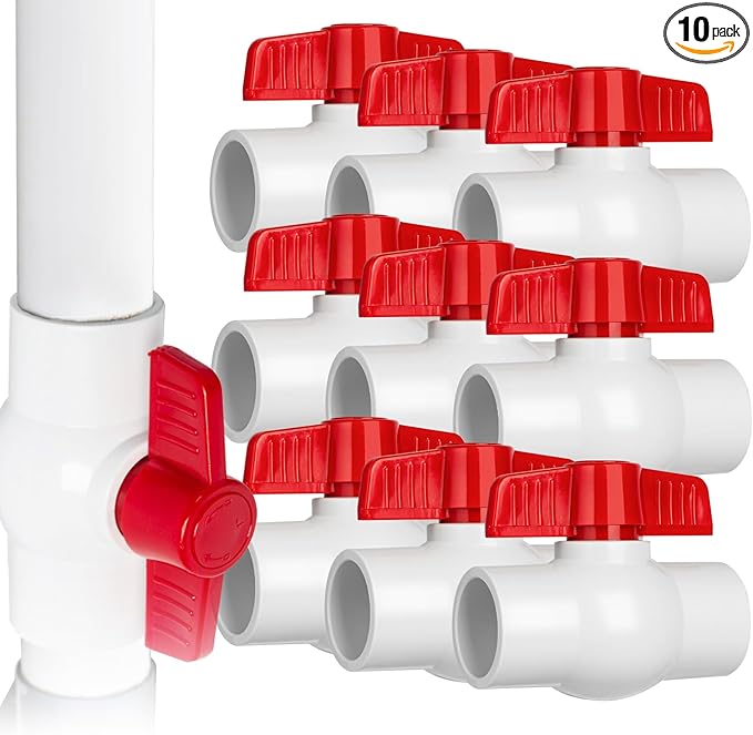 10PCS 1/2" PVC Ball Valve, Shut-Off Ball Valves Socket with Easy Turn Red T-Handles, Slip PVC Valve for Water Project, Swimming Pool, Sewage Pump, Sprinkler Line, Outdoor Plumbing & Irrigation System