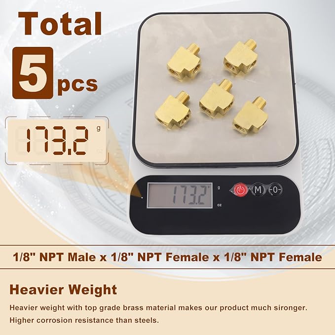 5pcs 1/8" Brass Tee Fittings 1/8" NPT Female Pipe to 1/8" NPT Male to 1/8" NPT Female Brass Barstock Street Tee Pipe Fittings 3 Way for Joining Pipe