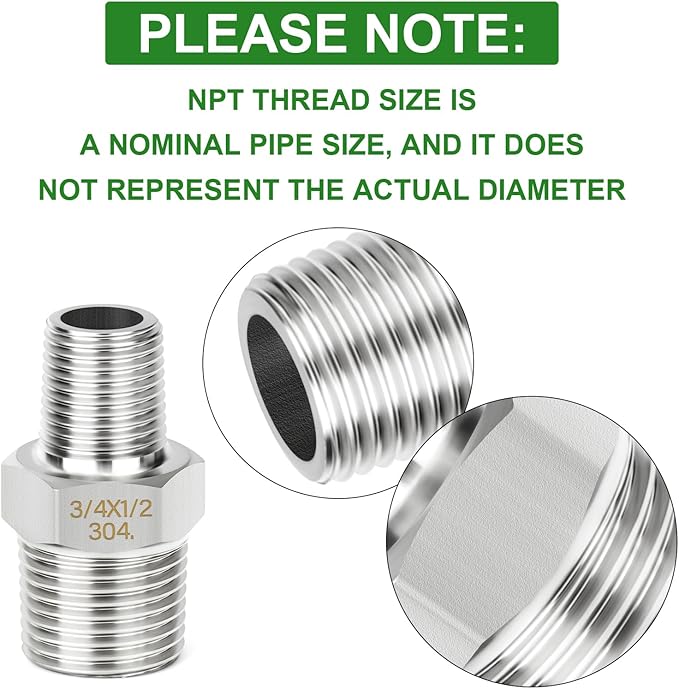 TAISHER 5PCS 304 Stainless Steel New Hex Nipple, 3/4" NPT Male x 1/2" NPT Male, Reducing Pipe Adapter Fitting