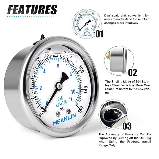 MEANLIN MEASURE 0~160Psi Stainless Steel 1/4" NPT 2.5" FACE DIAL Liquid Filled Pressure Gauge WOG Water Oil Air Back Mount (Pack of 2), with 1/2" NPT and 3/8" NPT Hex Bushing