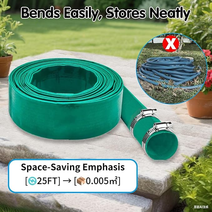 25FT Pool Backwash Hose Kit, 1.5" Lay-Flat Pool Hose Set, 25FT Discharge Pipe Hose for Pool, 1.25" Sump Pump Discharge Hose with 1-1/2" Barb and 1-1/4"FPT Pump Adapters