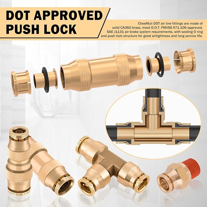 CheeMuii 136 PCS Brass DOT Air Line Fittings Kit Push Lock DOT Air Fittings Push to Connect Fittings 1/8" 1/4" 3/8" 1/2" Quick Connect Air Hose Fittings Assortment for Air Line Air Hose