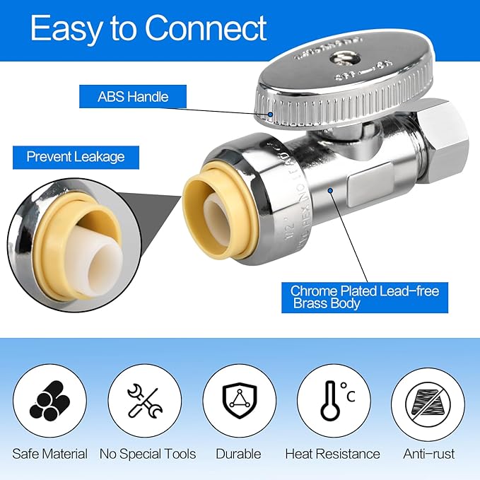 20pcs Stop Valves, 1/2" × 3/8" Straight Stop Valve, 1/2" PTC Input, 3/8" OD Compression Output, Push to Connect, 1/4 Turn, Chrome Plated Brass for Faucet, Toilet Valves, No Lead