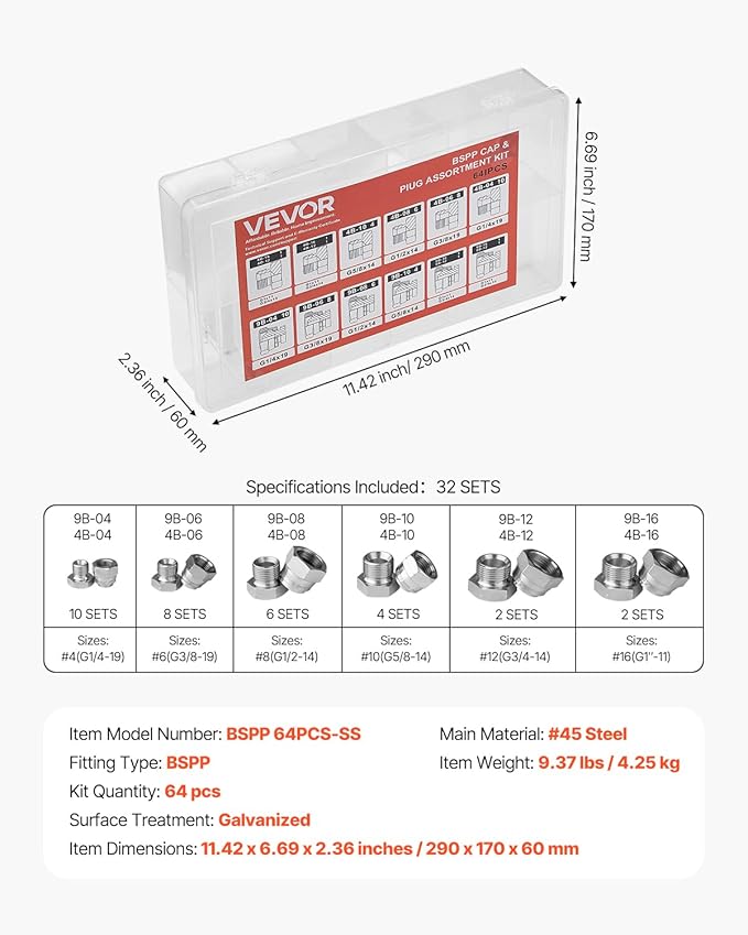 VEVOR 64 PCS BSPP Hydraulic Fittings, Hydraulic Cap and Plug Kit with Precision Threading, Galvanized Steel Heavy Duty Hydraulic Fitting Adapter Kit, Dash Sizes 04/06/08/10/12/16