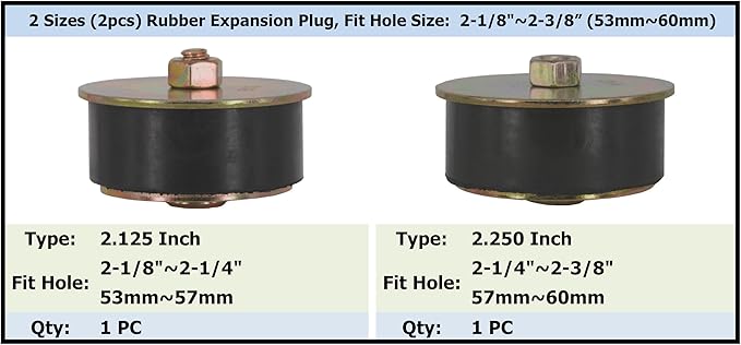 2 Sizes (2pcs) Rubber Expansion Plug, Fit Hole Size: 2-1/8"~2-3/8” (53mm~60mm) Automotive Rubber Freeze Plug