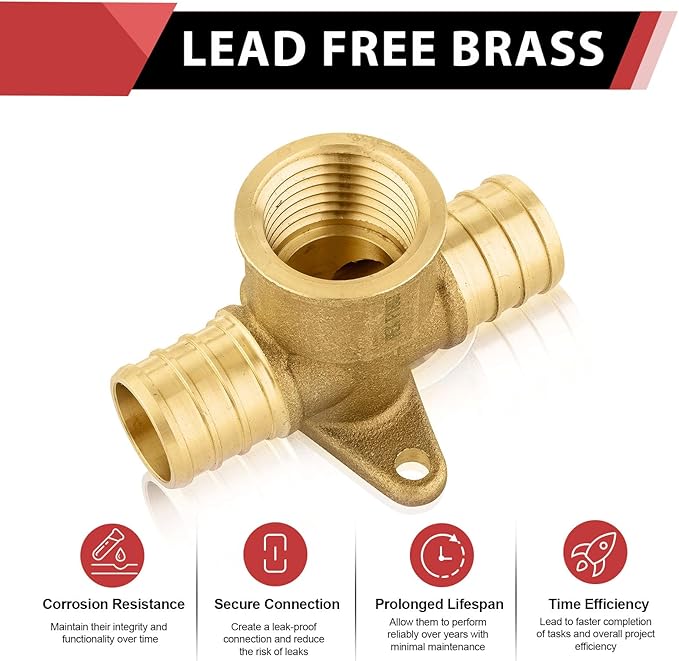 5-Pack EFIELD Barb Crimp Pex 3/4" x 3/4" x 1/2" Female NPT Threaded Drop-ear Tee Brass Fitting, ASTM F1807,(PEX1807262)