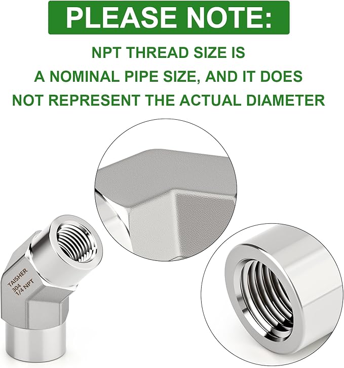 TAISHER 2PCS 304 Stainless Steel 45 Degree Barstock Street Elbow, 1/4" NPT Female x 1/4" NPT Female 304 Stainless Pipe Fitting