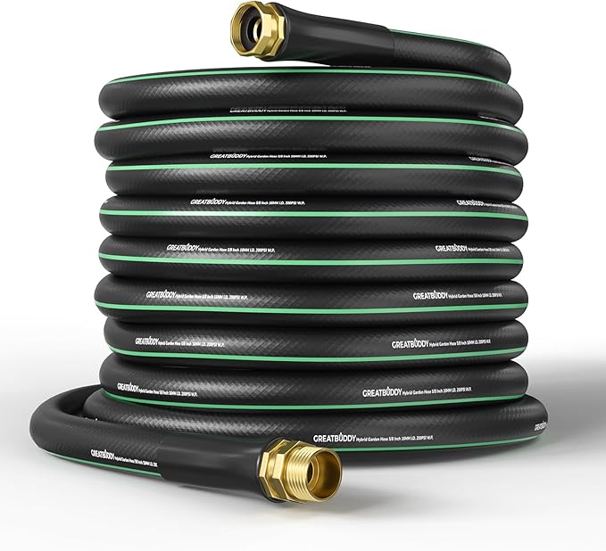GreatBuddy Garden Hose 100ft, 5/8" Water Hose Heavy Duty, Flexible, Lightweight Hybrid Hose, Burst 600 PSI with Solid Brass Male to Female Fittings Leakproof Hose for Backyard, Garden