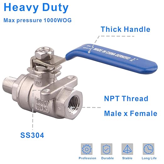 DERNORD Full Port Ball Valve 1/4 Inch - Male x Female Stainless Steel 304 Heavy Duty for Water, Oil, and Gas,1000WOG (1/4 Inch NPT)