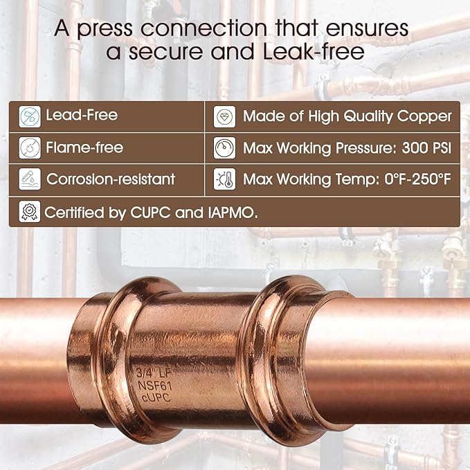 Copper Press Fittings 3/4inch Copper Coupling with Stop&Copper 90 degree Elbow with 3/4 Inch PxP, 3/4" 6PKPress Fittings Coupling with Stop+6PK 90 Degree Elbow,OD 7/8",Use with Hydraulic Press Fitting