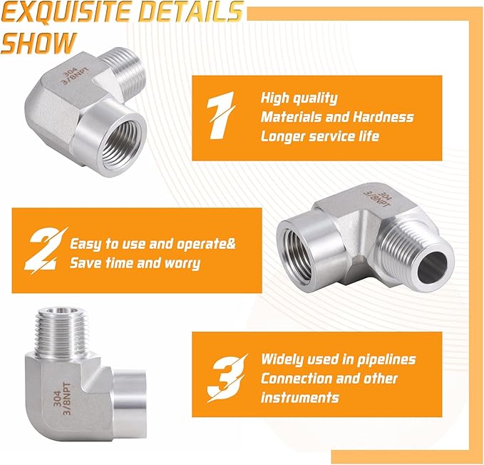 Stainless Steel Pipe Fitting 90 Degree Barstock Street Elbow 3/8" NPT Male x 3/8" NPT Female 2 Pack