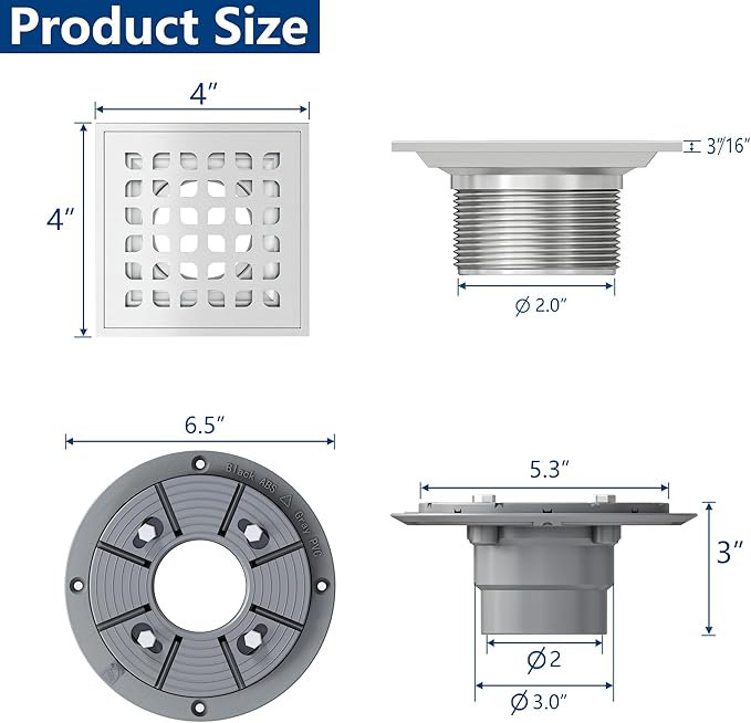 Neodrain Square Shower Drain,4 inch Stainless Steel 304 Grate and PVC Drain Body, Grate with Brushed Nickel Finish, Kit Includes Hair Trap/Strainer,Lifting Hook and PVC Drain Base