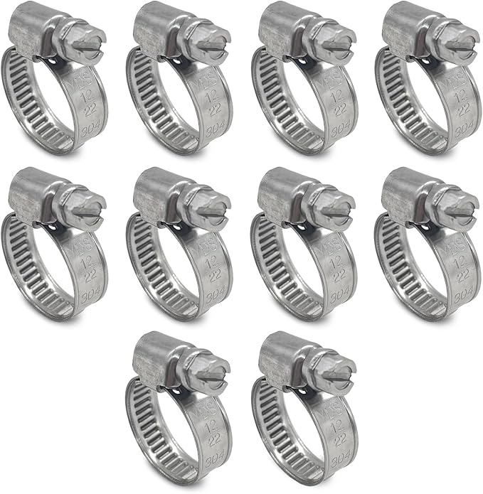 Embossed Worm Gear Hose Clamps Size#6, 1/2 To 7/8 inch Adjustable Heavy Duty Stainless Steel Hose Clamp, all 304 for Garden Water Hose (12-22 mm, 10 pack)