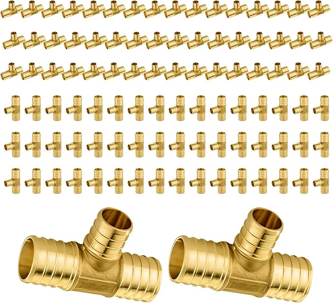 100-Pack PEX Fittings Niikappu 1"x1"x3/4" Pex Tee, Brass Crimp Pipe Fittings for PEX Pipes, ASTM F1807