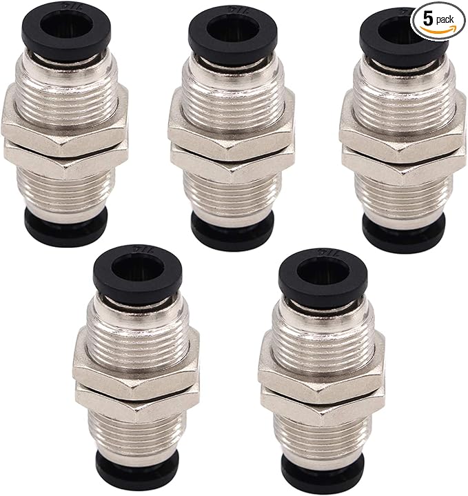 Bulkhead Union Push to Connect Tube Fitting 1/4 Inch Tube OD Double Threaded (5 Packs)