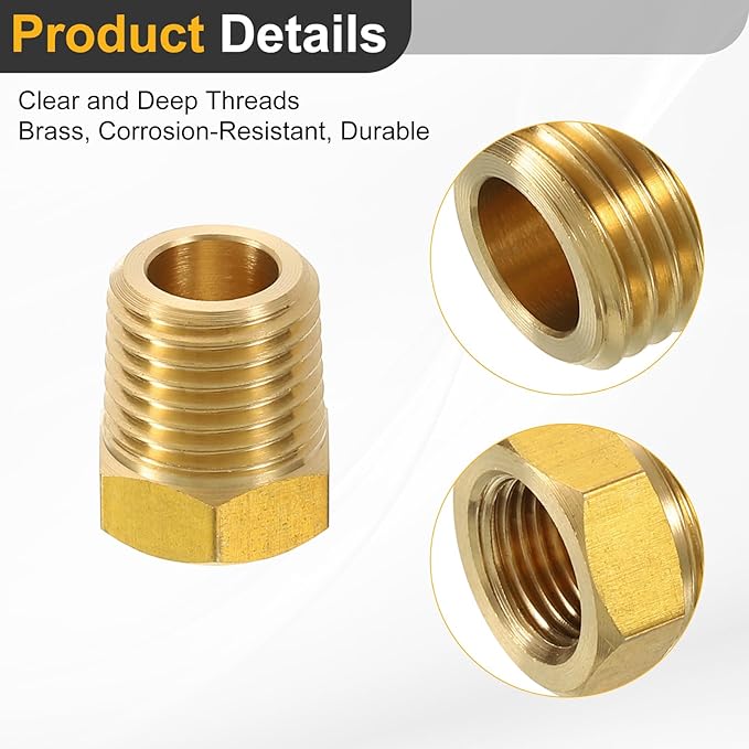 uxcell 2Pcs 1/4 NPT Male x 1/8 NPT Female Brass Reducer Hex Bushing Threaded Pipe Fitting, Brass Threaded Pipe Fitting Adapter for Water, Gas, Oil Pipeline Systems