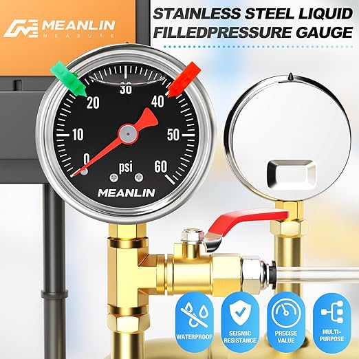 MEANLIN MEASURE 0~60Psi Black Stainless Steel Pressure Gauge, Glycerin Filled 1/8" NPT 1.5" FACE DIAL, Liquid Filled Pressure Gauge WOG Water Oil Air Lower Mount (with 2PCS Snaps)
