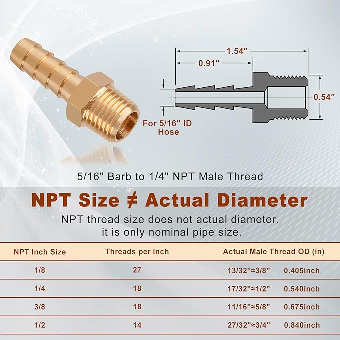 5pcs Brass Hose Barb Fittings 5/16 Inch Barb to 1/4 Inch NPT Male Thread Air Hose Fittings Adapter Connector Water Fuel Air Line Fittings 5/16” × 1/4” NPT Brass Fittings