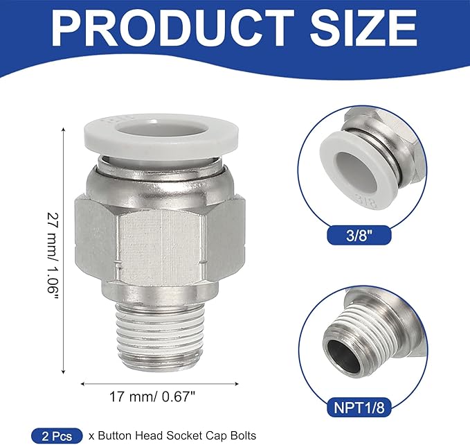 MECCANIXITY 2 Pcs NPT Push to Connect Air Fittings, Male Straight 3/8" Tube OD x 1/8" NPT Thread Air Quick Connector Coupling Adapter for Gas Hose Pneumatic Tools, White