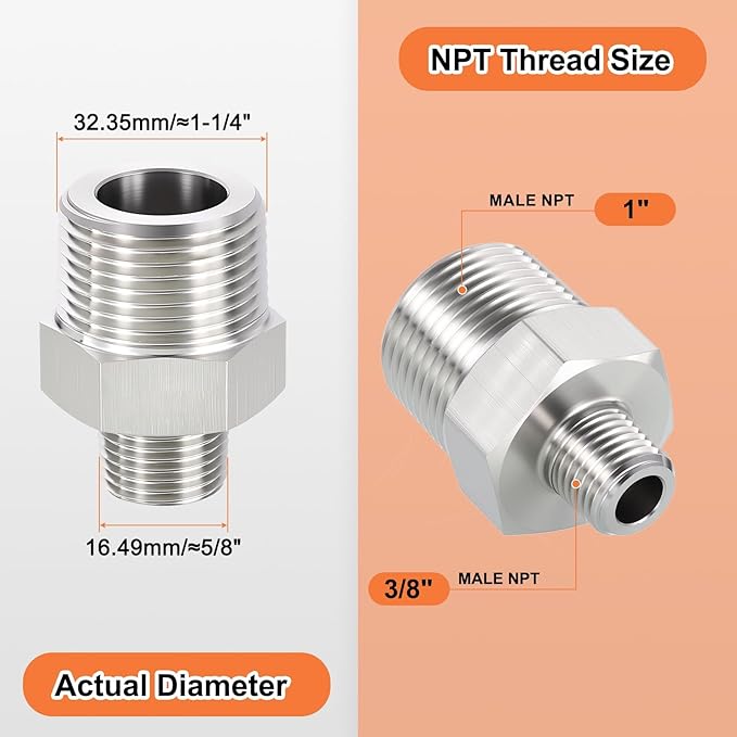 1 Pack 304 Stainless Steel Male to Male Adapter, 1" Male NPT x 3/8" Male NPT Hex Nipple Pipe Extension Fitting for Industrial, Automotive, Fluid Transfer, Home Gardening, Water