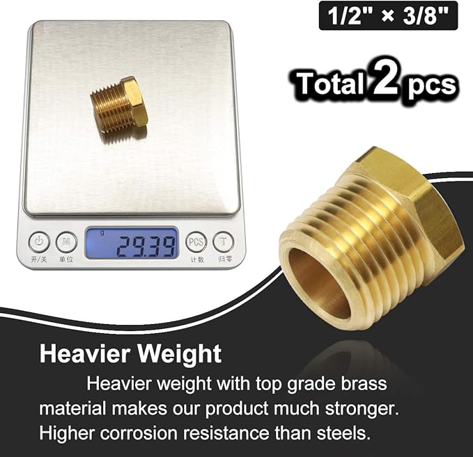 2pcs 1/2 Inch NPT Male Thread to 3/8 Inch NPT Female Thread Brass Pipe Fitting Reducing Hex Head Hose Bushing Tube Adapter Convert