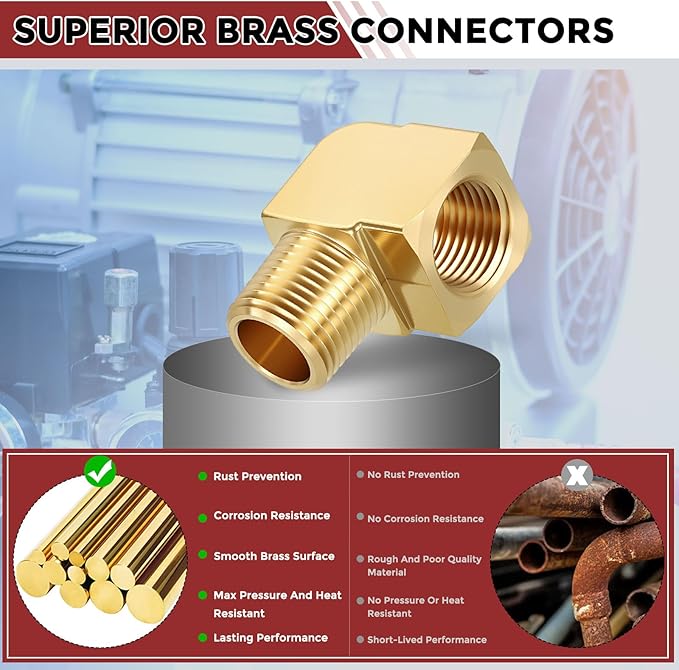 Packs of 2, 90 ° 1/2" FeMale NPT to 1/2" Male NPT Solid Brass Barstock Street Elbow, Forged Pipe Fitting for Pipe Leak Repair, Bathroom Remodeling, Tool Extension, Compression