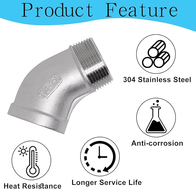 1PCS 304 Stainless Steel 45 Degree Elbow, 1-1/4" NPT Male Pipe to 1-1/4" NPT Female Coupler, Heavy Duty Forged Street Elbow Adapter Pipe Fittings, Class 150