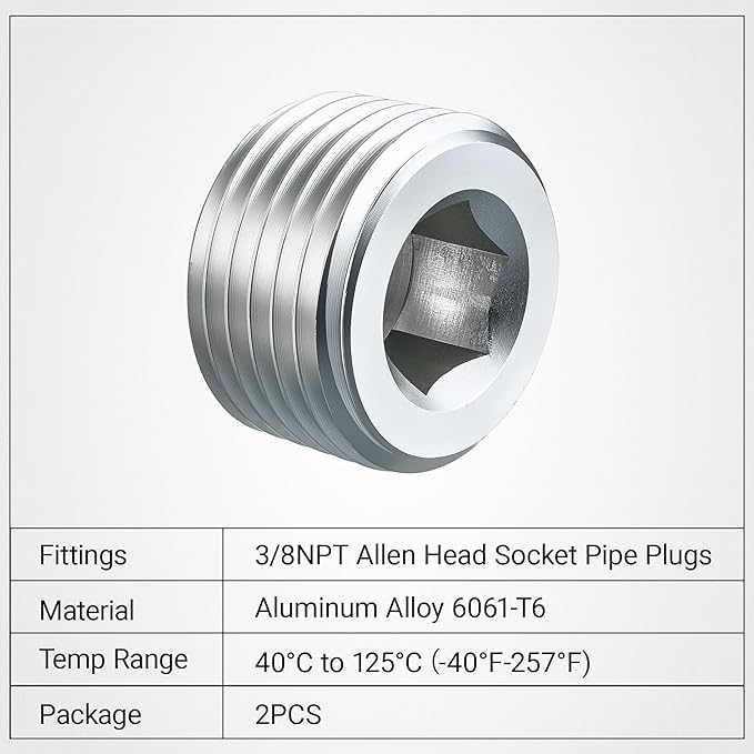 EVIL ENERGY 3/8" NPT Plugs Aluminum Socket Allen Head Silver, Pack of 2