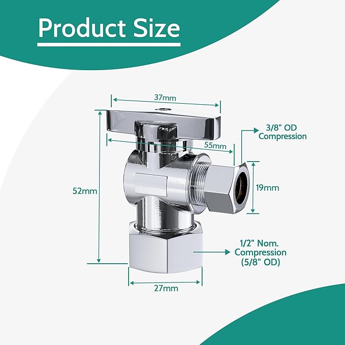 5 Pack Angle Stop Valve, 1/2 in. NOM Compression x 3/8 in. OD Compression Shut Off, 5/8" OD x 3/8" OD 1/4 Turn Faucet, Water Stop
