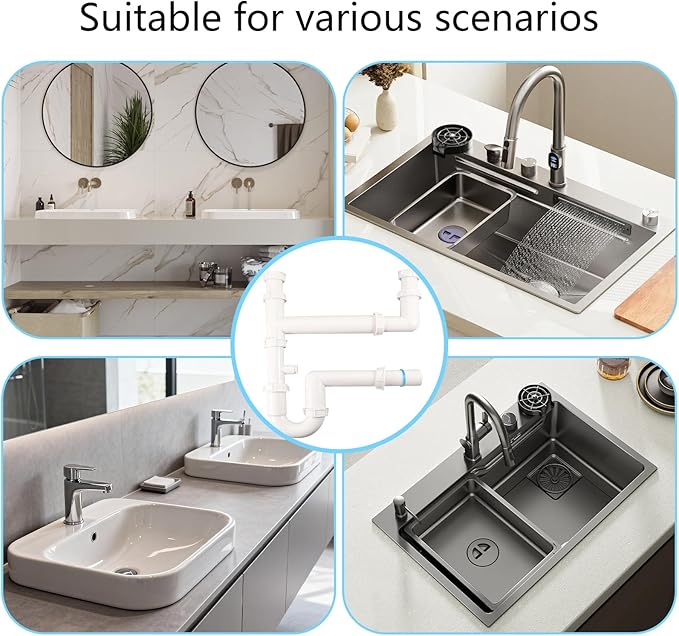 Universal 1-1/2" Kitchen Sink Drain Kit, Space-Saving kitchen drain P-trap With retractable flexible Pipe Completed Sink Pipe Replacement Kit (DIY Installation)