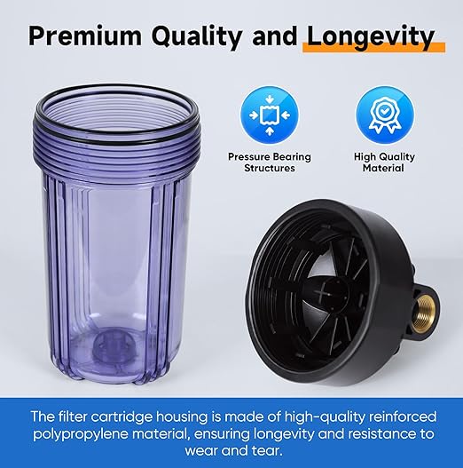 PUREPLUS 2-Stage Whole House Water Filtration System, Reduces Chlorine, Odor, Heavy Metals, Iron, Manganese, 10"x4.5" Clear Housing, 1" Inlet/Outlet, PP Sediment & Iron Filter, with Pressure Gauges