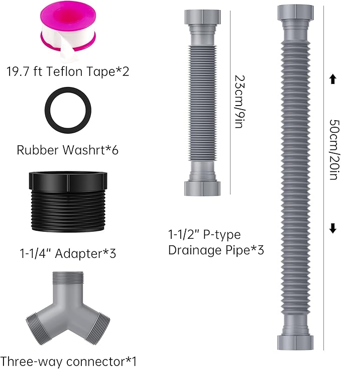 Flexible Expandable P-Trap Kit for Double Kitchen Sink Drain - Fits 1 1/2" or 1 1/4" Pipes-Complete with Sealing Ring, Tape, and Tubing - Perfect for Kitchen, Bathroom, and Restroom Use