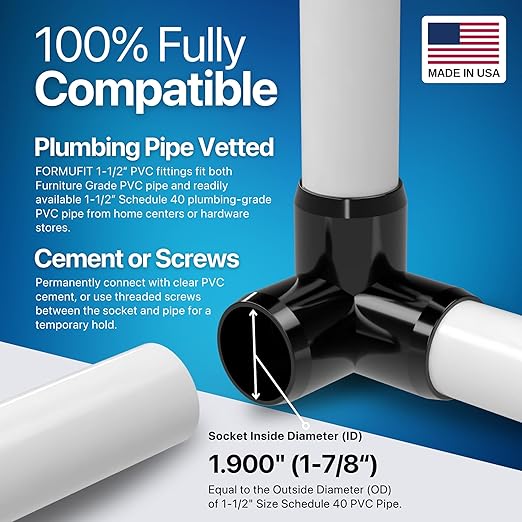 FORMUFIT 1-1/2” 3-Way Elbow Furniture Grade PVC Fitting in Black, Made in USA, UV-Resistant, Impact-Proof, 1.900” Actual Socket Diameter (Pack of 4)