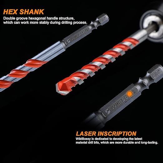 Concrete Carbide Drill Bits Hex Shank Masonry Cement Tile Drill Bit Set for Glass/Brick/Plastic/Cement/Tile 5/32"-1/2" (10PCS)