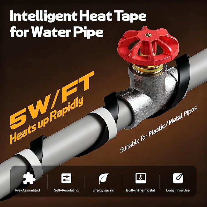 Heat Tape for Water Pipes with Thermostat, Anti-Freeze, Electric Heat Tape, Keeps Water Flowing at -22℉/-30℃, 9FT, Black, UL&ETL Listed 120V