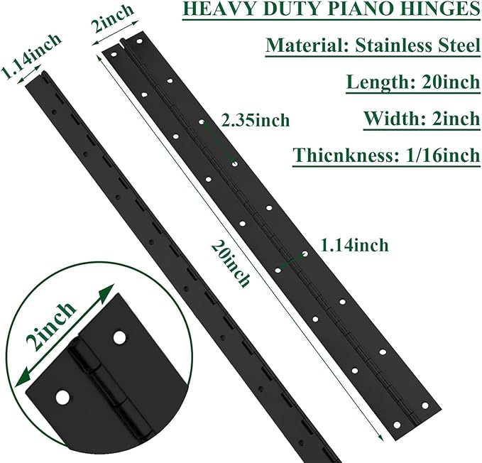 2Pack Heavy Duty Piano Hinge, 2" Open Width x 20" Continuous & Piano Hinges, 0.06” Thick Stainless Steel Piano Hinge with Holes, Black Stainless Furniture Hinges for Cabinet Door Cases Woodworking