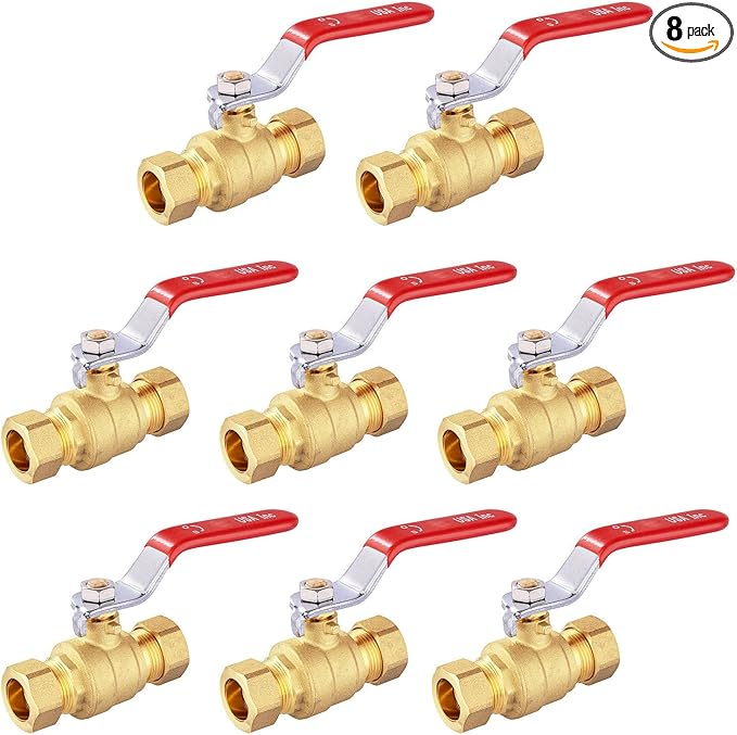 1/2" Ball Valve, 8 Pack Compression Shut Off Valves Red, Quarter Turn Brass Full Port Shut Off Ball Valve for Hot and Cold Water, NSF/ANSI 61 Certified