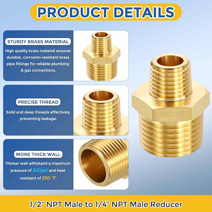 3 Pack Brass Pipe Fittings, 1/2" NPT Male to 1/4" NPT Male Brass Hex Nipple, Male Pipe Adapter Reducer for Air, Oil, LP