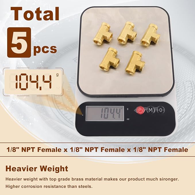 5pcs 1/8" Brass Tee Fittings 1/8" NPT Female Pipe to 1/8" NPT Female Pipe to 1/8 Inch NPT Female Brass Barstock Street Tee Pipe Fittings 3 Way Forged Brass Fittings