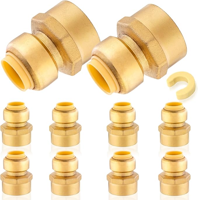 10-Pack HeSun Pushfit Female Adapter, 1" FNPT x 3/4" Push to Connect Plumbing Fittings with Disconnect Clip, Brass Push-fit Fittings for PEX, Copper, CPVC, PE-RT Pipes(PF136-10)
