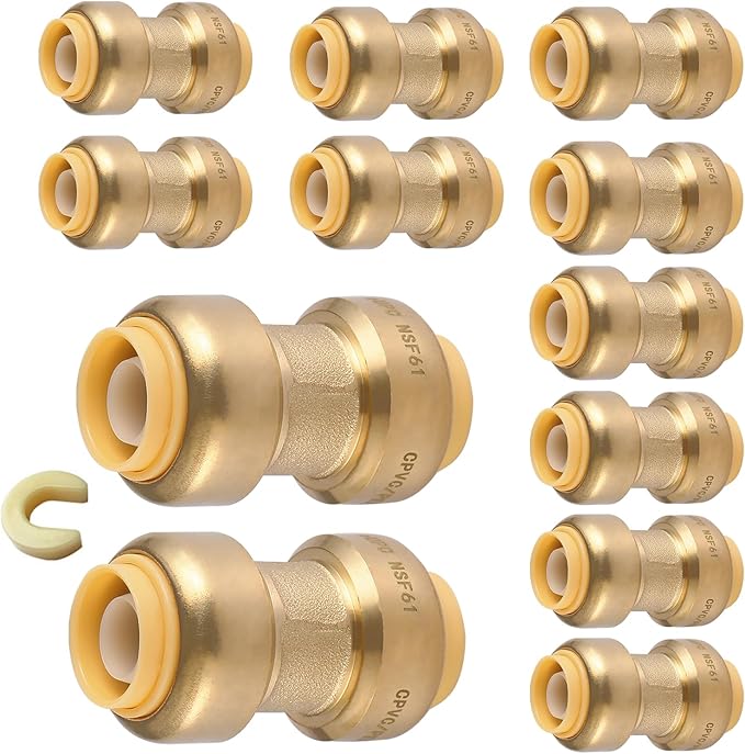 HeSun 12-Pack Pushfit Coupling, 3/4"x3/4" Push to Connect Plumbing Fittings with Disconnect Clip, Brass Push-fit Fittings for PEX, Copper, CPVC, PE-RT Pipes