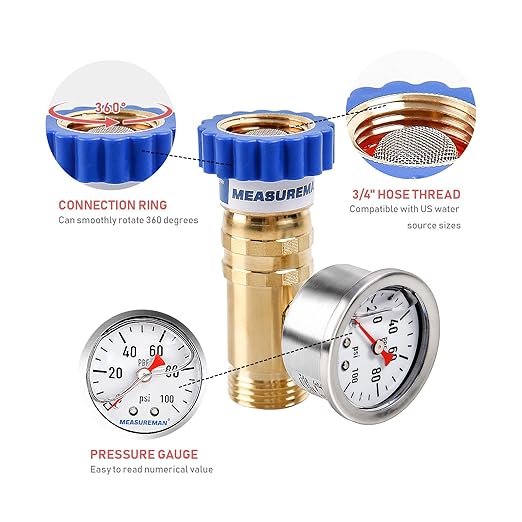 MEASUREMAN Lead-Free Brass Water Pressure Regulator, Garden Hose Pressure Regulator, Pressure Reducer with Pressure gugue, for RV, Camper, Trailer, Garden, Plumbing System