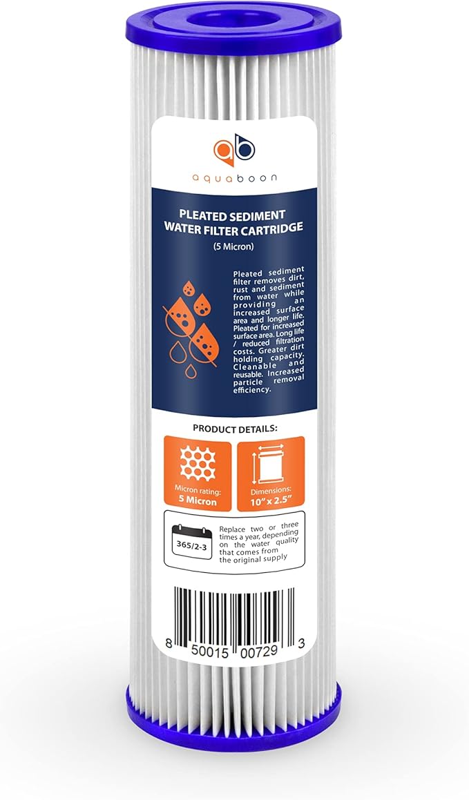 Aquaboon 5 Micron 10x2.5 Whole House Pleated Sediment Filter Cartridge for Well Water Filter Replacement Compatible with WFPFC3002, WHKF-WHPL, 4-Pack
