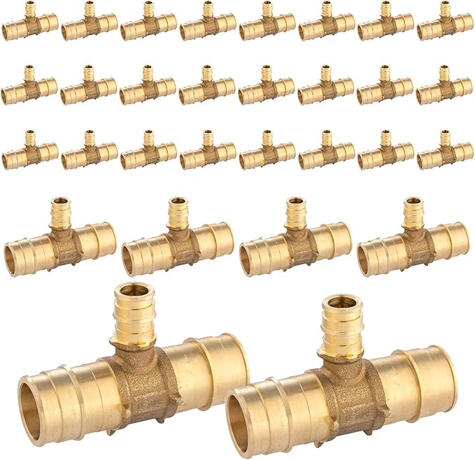 (30-Pack) 1" x 1" x 1/2" PEX-A Brass Tee Fittings, PEX Tubing Pipe Hose Fittings, ASTM F1960
