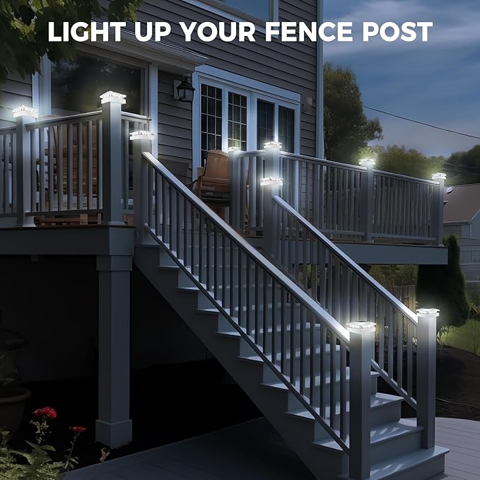 Peasur 4x4IN Solar Post Cap Lights Outdoor with 3 Modes, 4 Packs White Fence Light Solar Powered Waterproof for Wood/Vinyl Posts for Deck Yard Garden Patio Outside