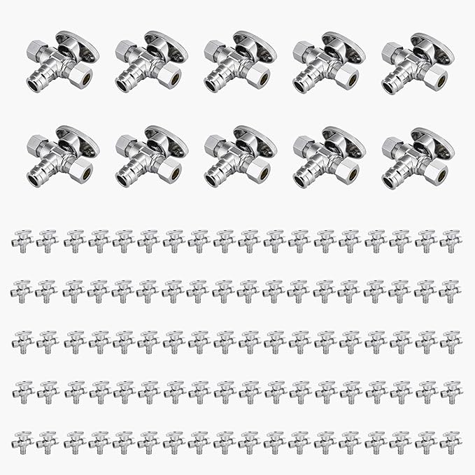 100-Pack GUOFIS PEX-A Angle Stop Valve with Dual Compression Outlet,1/2" PEX-A Expansion Inlet x (3/8" x 3/8") Outlet Shut-off Valves(1/4 Turn,Chrome)(VALVE128-100Pack)