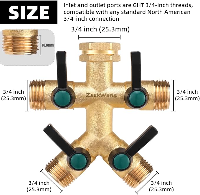 Garden Faucet Splitter, 4 Way Hose Splitter, Multi-Directional High Output Outdoor Splitter, 3/4" GHT Thickened Hex Inlet, Heavy Duty Solid Brass Spigot Adapter with Comfort Extension Handles