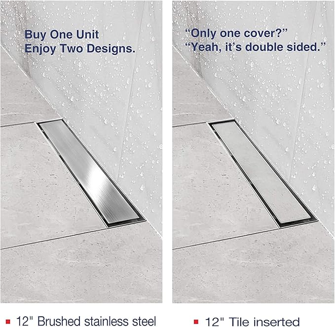 Neodrain 12-Inch Linear Shower Drain with 2-in-1 Flat & Tile Insert Cover, Brushed 304 Stainless Steel Rectangle Shower Floor Drain,Floor Shower Drain with Hair Strainer